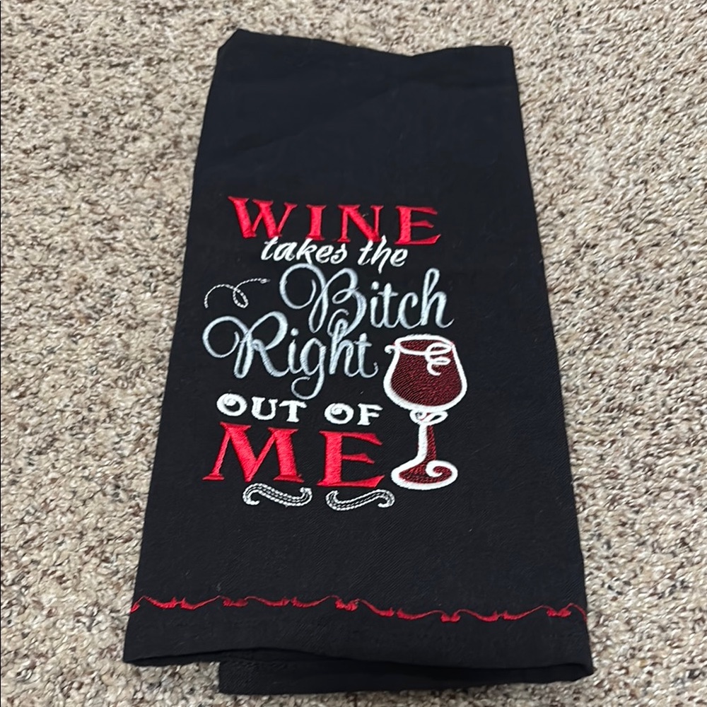 Black Embroidered Wine Quote Towel